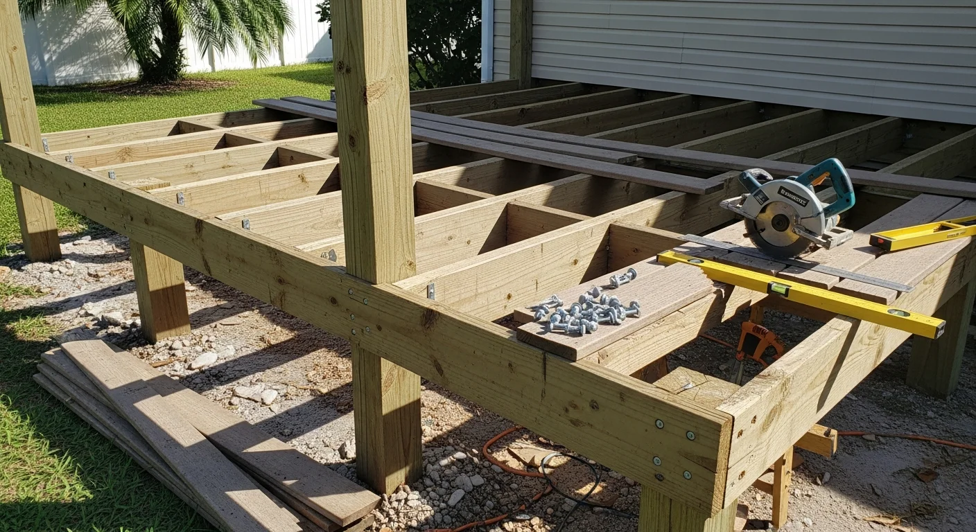 A newly completed wood deck replacement built by Olis Wood, showing clean decking boards, solid railings, and fresh framing on a residential home exterior. The old deteriorated structure has been fully removed and rebuilt from the ground up.