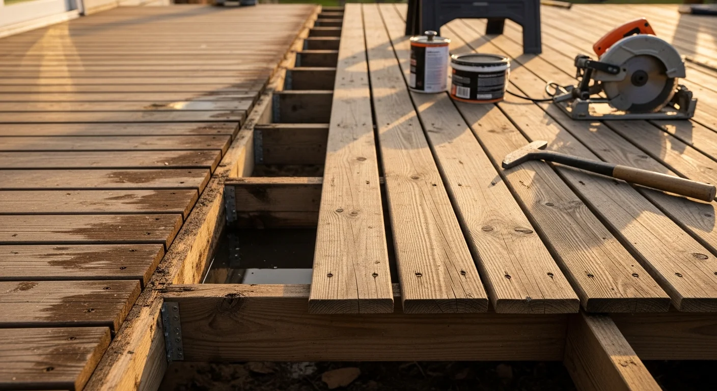 A repaired exterior wood patio with replaced deck boards, secured railings, and a freshly sealed surface. Close-up view shows smooth, solid wood grain with no visible rot, soft spots, or raised fasteners.