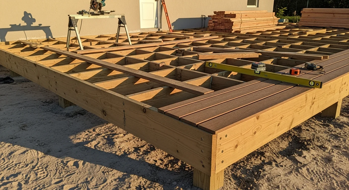 A newly completed wood deck attached to the rear exterior of a residential home, featuring clean board lines, a painted railing, and open backyard space. Built by Olis Wood as part of a custom exterior woodworking project.